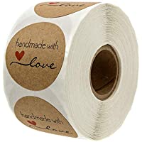 Haobase Rollo de 500 pegatinas de papel kraft redondas de Kraft natural hechas a mano con amor pegatinas para hornear…